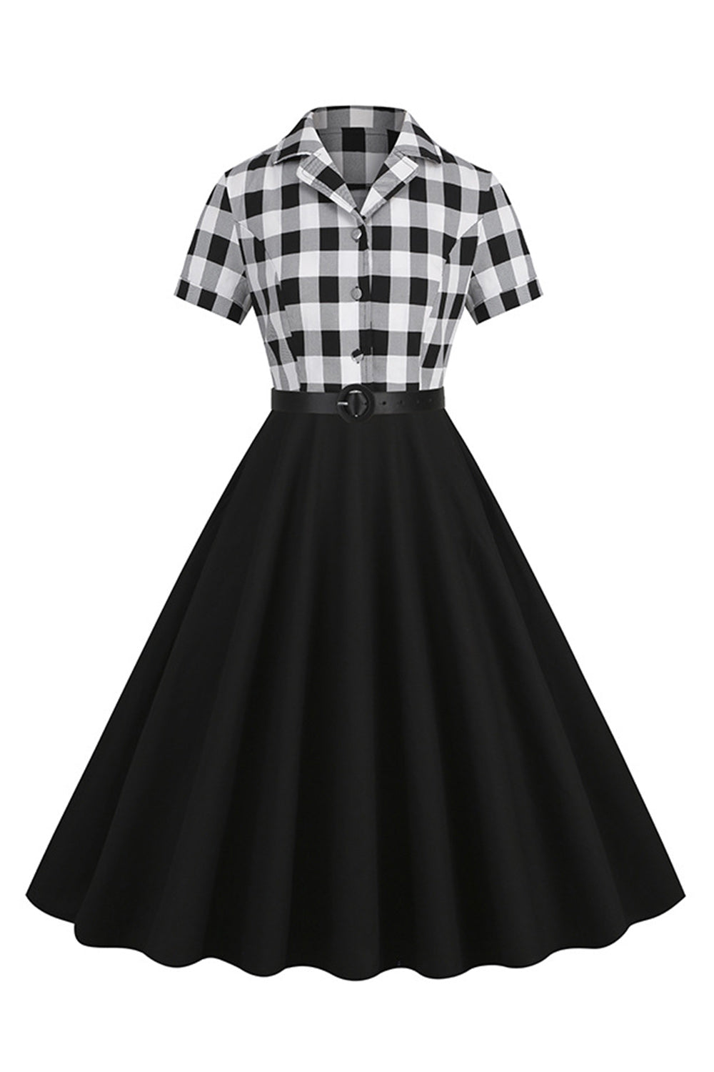 Cuello en V Mangas Cortas A Cuadros Negro 1950s Vestido Con Cinturón
