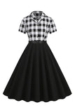 Cuello en V Mangas Cortas A Cuadros Negro 1950s Vestido Con Cinturón