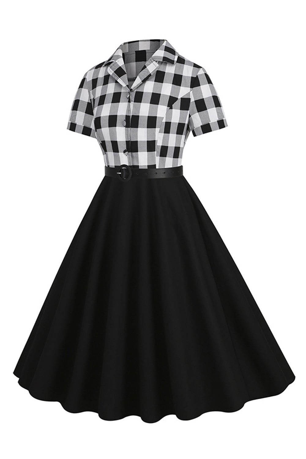 Cuello en V Mangas Cortas A Cuadros Negro 1950s Vestido Con Cinturón
