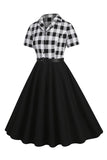 Cuello en V Mangas Cortas A Cuadros Negro 1950s Vestido Con Cinturón
