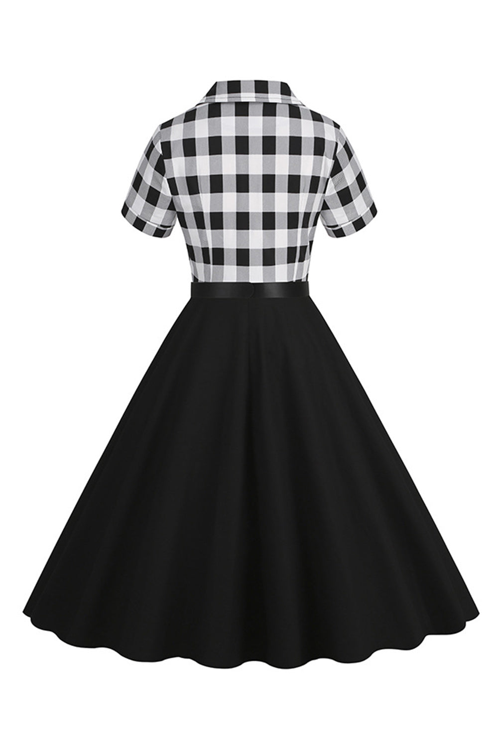 Cuello en V Mangas Cortas A Cuadros Negro 1950s Vestido Con Cinturón