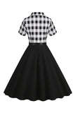 Cuello en V Mangas Cortas A Cuadros Negro 1950s Vestido Con Cinturón