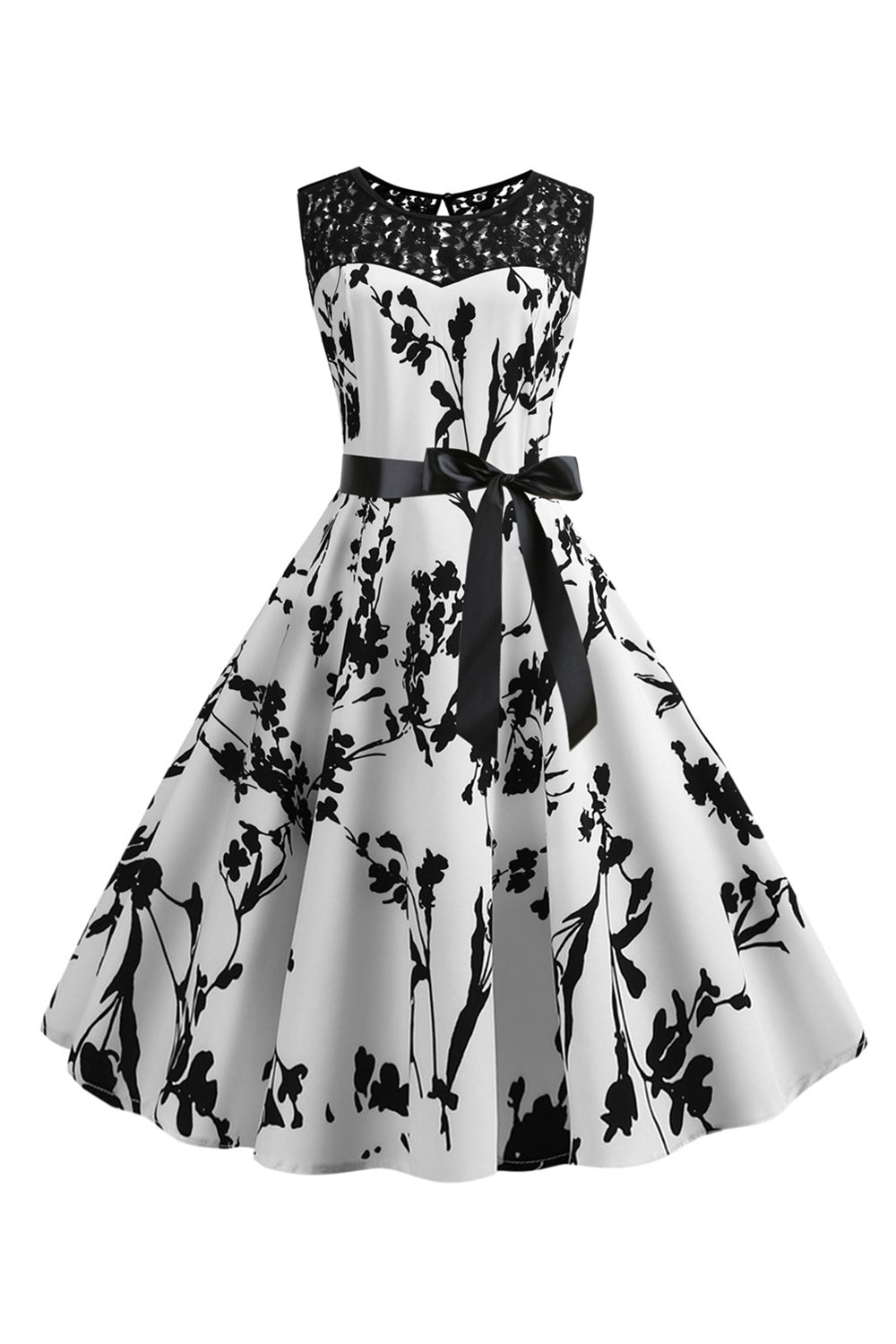 Sin Mangas Estampado Blanco 1950s Vestido Con Faja