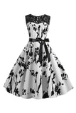 Sin Mangas Estampado Blanco 1950s Vestido Con Faja