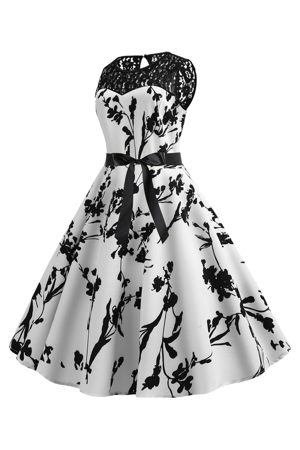 Sin Mangas Estampado Blanco 1950s Vestido Con Faja
