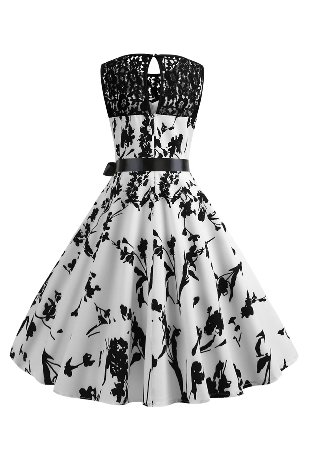 Sin Mangas Estampado Blanco 1950s Vestido Con Faja