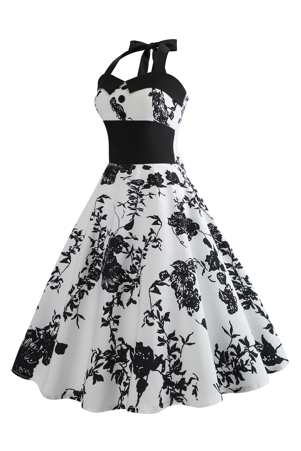 Halter Estampado Vestido de la década de 1950 Con Botón Blanco