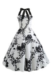 Halter Estampado Vestido de la década de 1950 Con Botón Blanco