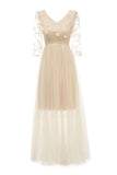 Vestido Vintage Mangas Largas Tul Albaricoque Apliques