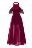 Vestido Vintage Halter Tul Burdeo Encaje