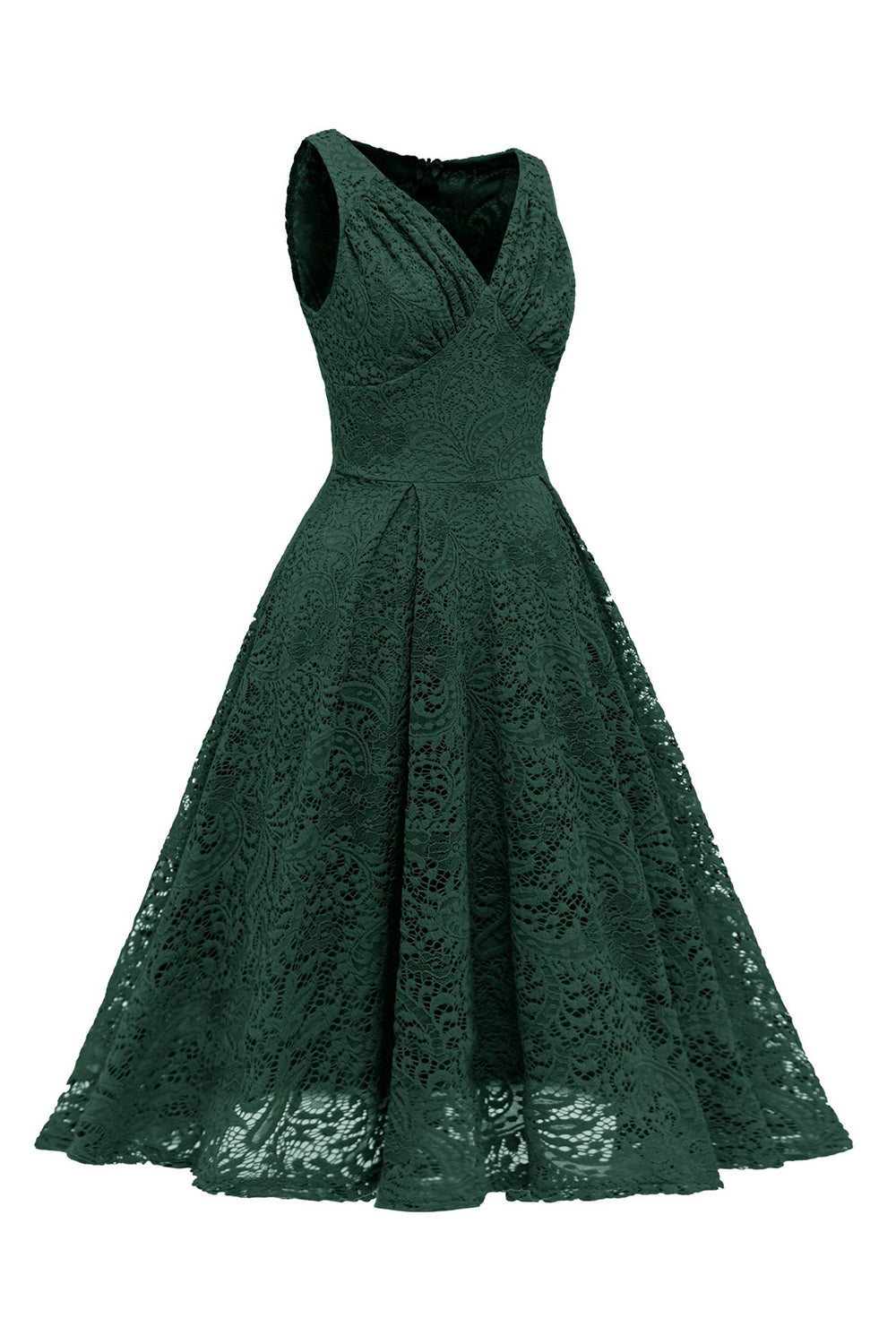 Verde Oscuro A Línea Vestido de Encaje Sin Mangas