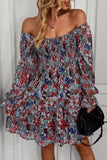 Vestido de Verano Mangas Largas Estampado Negro Fuera del Hombro