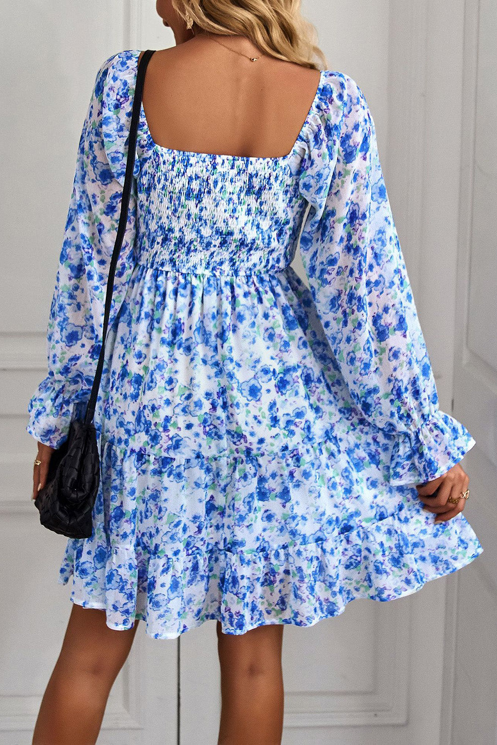 Vestido de Verano Mangas Largas Estampado Negro Fuera del Hombro