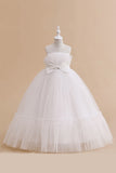 White Straplee Tulle A Line Flower Girl Dress con lazo