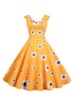 Vestido de 1950 Amarillo Estamapdo Sin Mangas