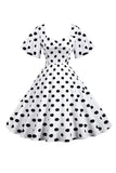 Lunares Blanco Vestido Vintage con Mangas Cortas