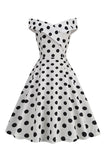 Blanco Fuera del Hombro Lunares Vestido Vintage