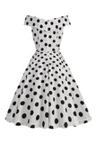 Blanco Fuera del Hombro Lunares Vestido Vintage