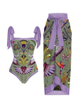 Traje de baño estampado púrpura de una pieza