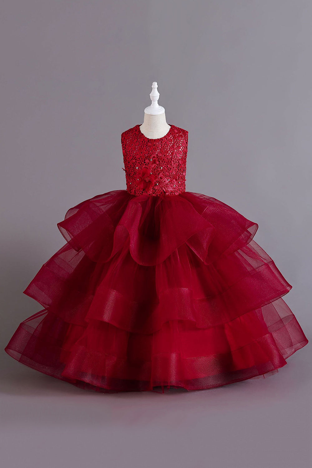 Una línea Tul Borgoña sin mangas para niñas vestidos con lazo