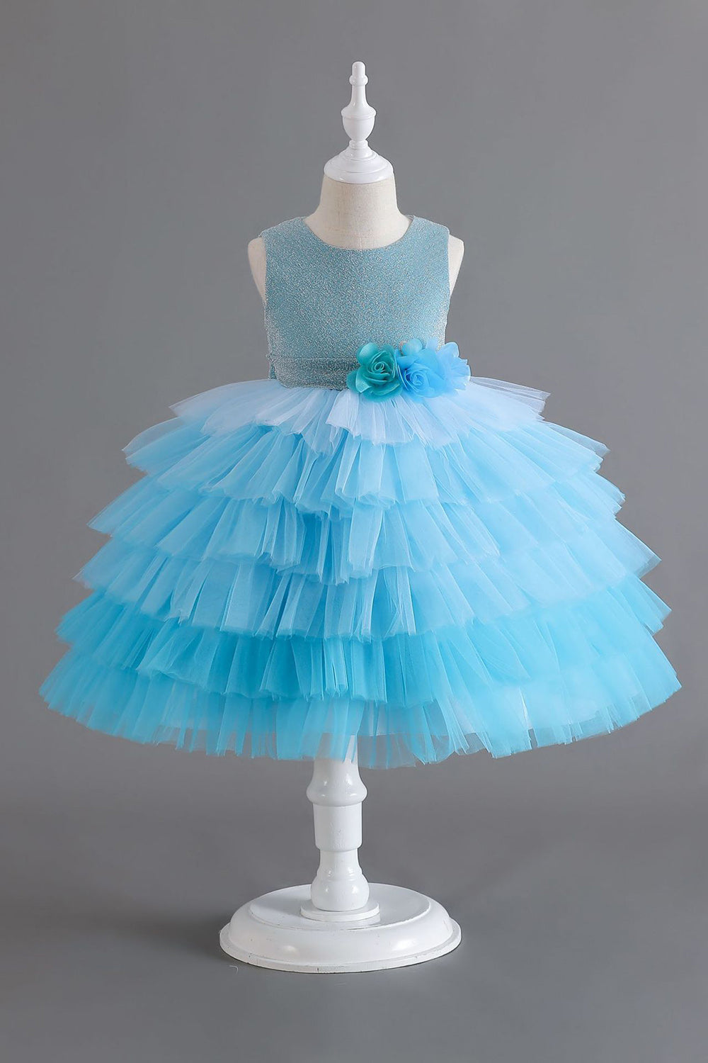 Royal Blue Sleeveless A Line Girls Vestidos con flores 3D