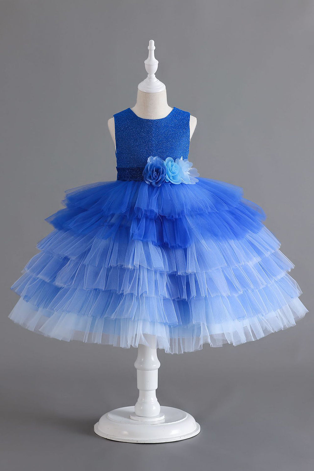 Royal Blue Sleeveless A Line Girls Vestidos con flores 3D