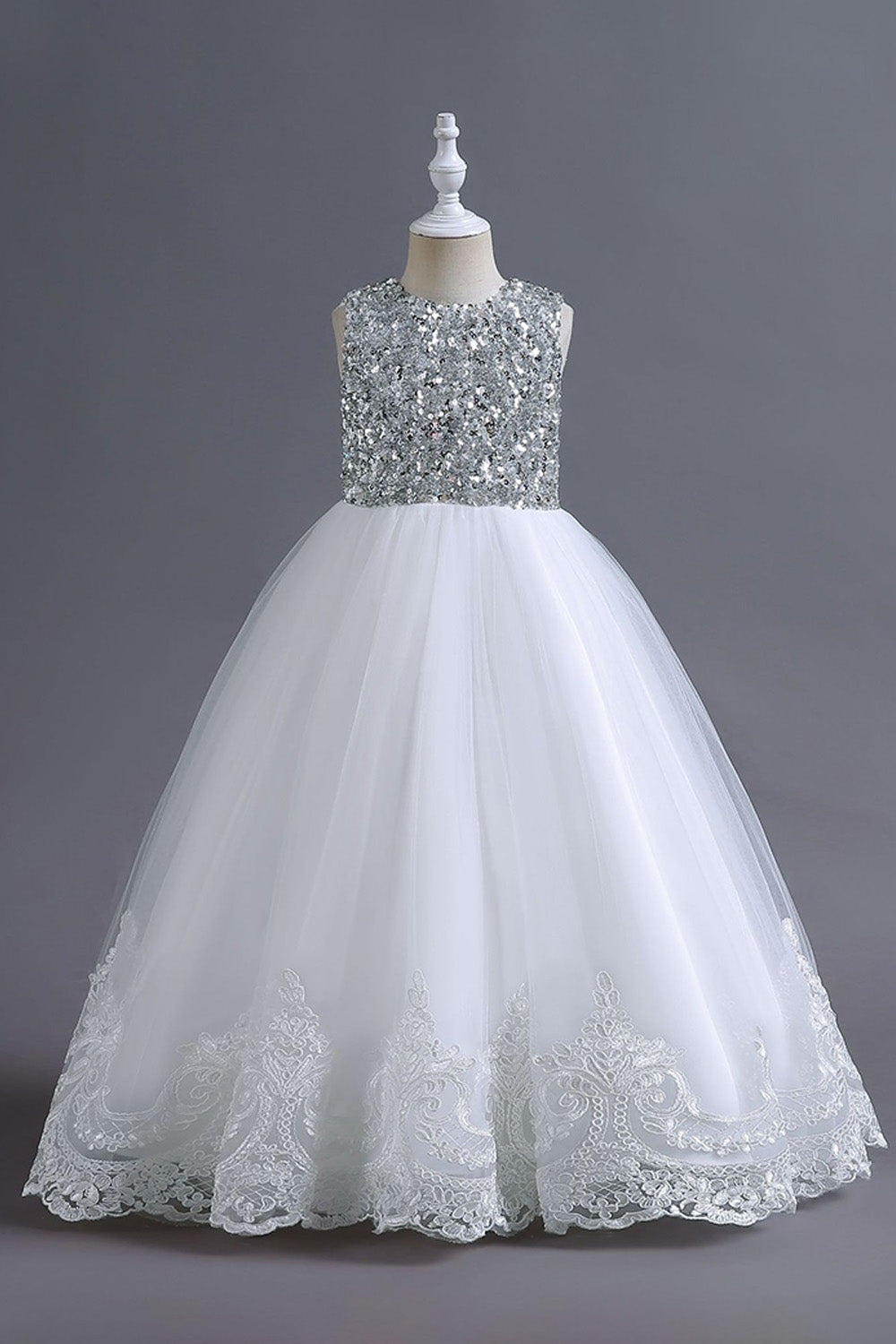 Lentejuelas blancas encaje una línea de niñas vestidos con lazo