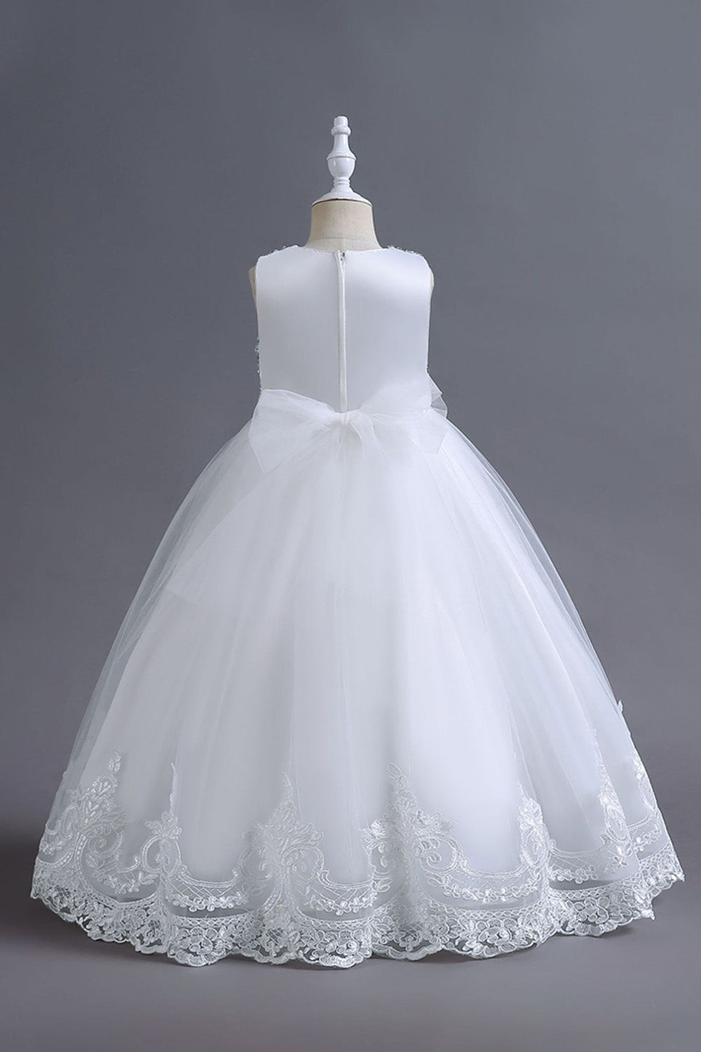 Lentejuelas blancas encaje una línea de niñas vestidos con lazo