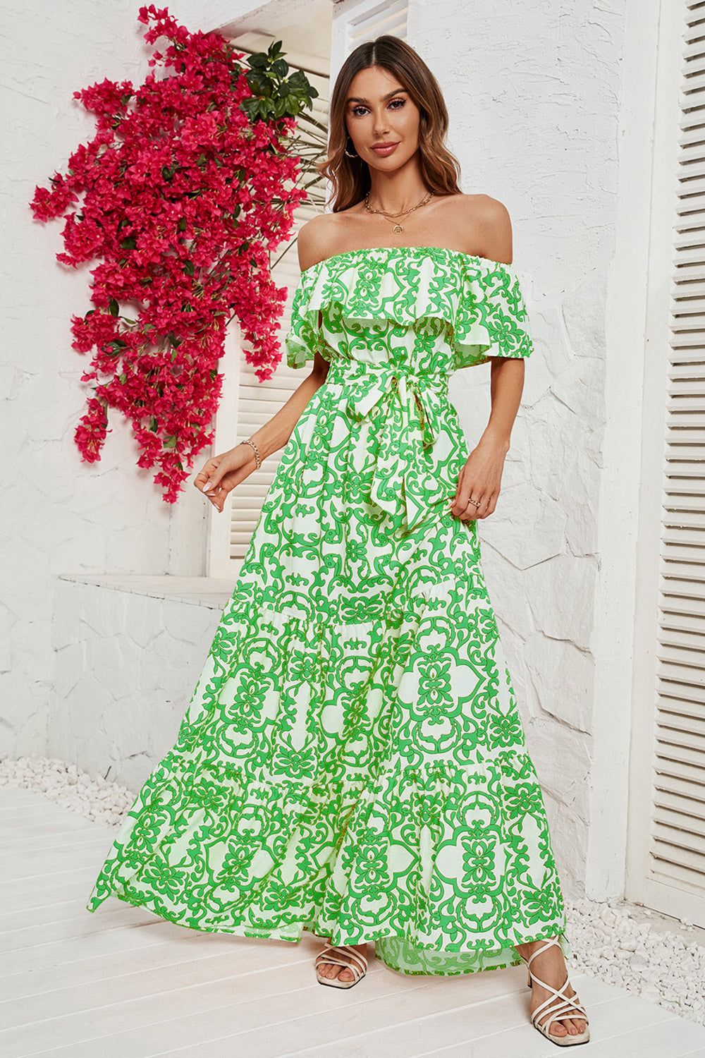 Vestido de Verano Estampado Amarillo Fuera del Hombro