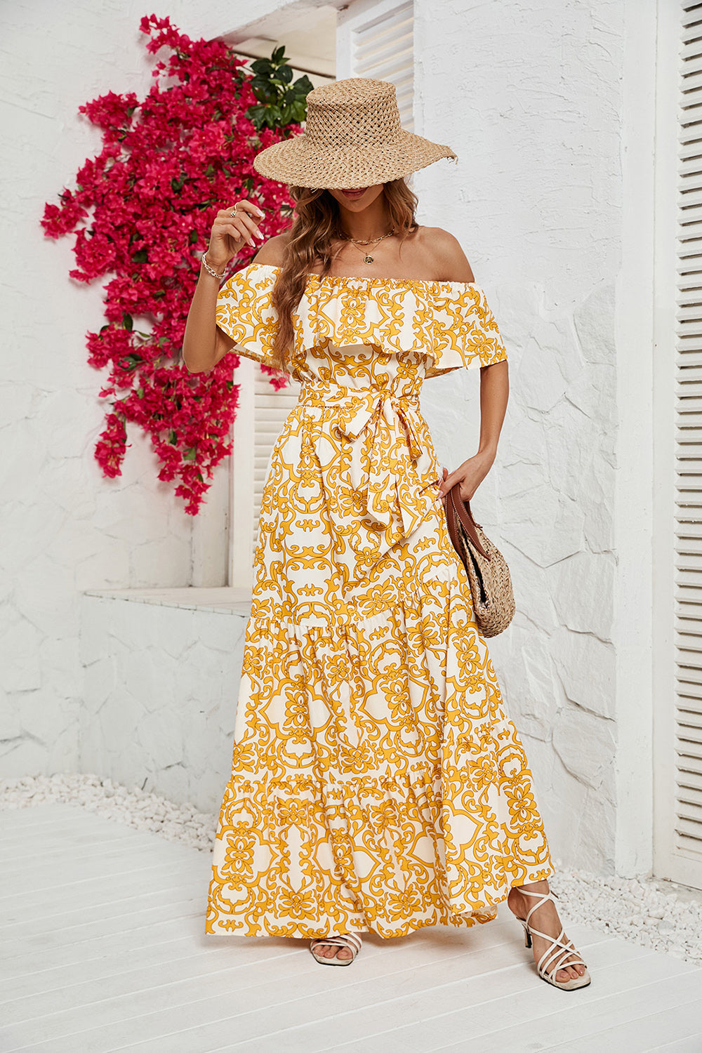Vestido de Verano Estampado Amarillo Fuera del Hombro