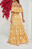 Vestido de Verano Estampado Amarillo Fuera del Hombro