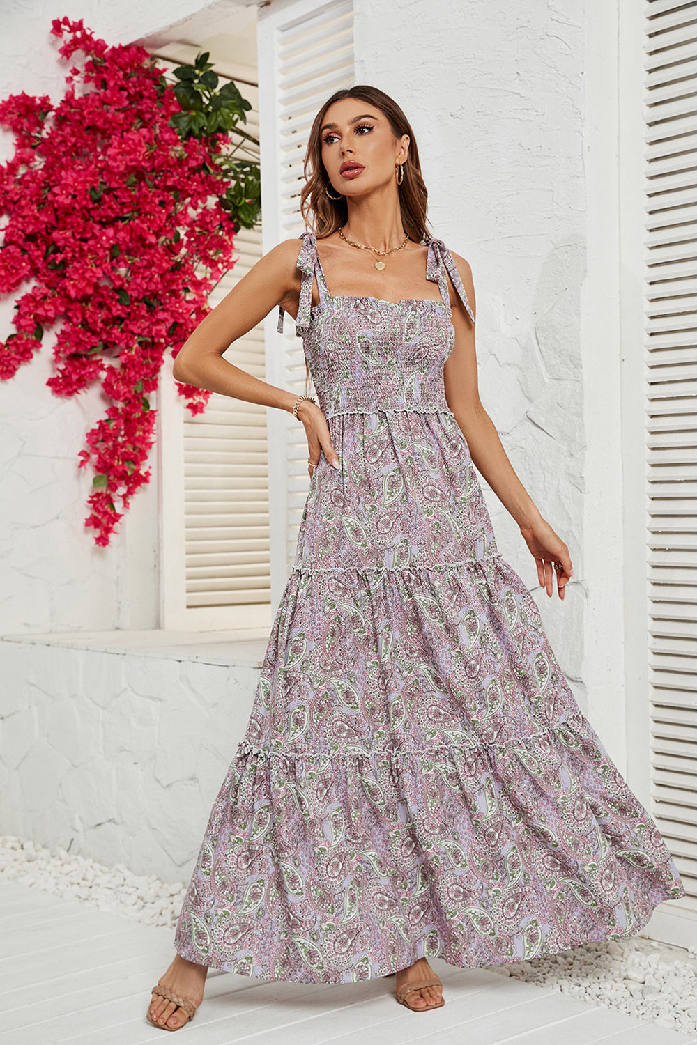 Vestido de Verano Cuello Cuadrado Caqui
