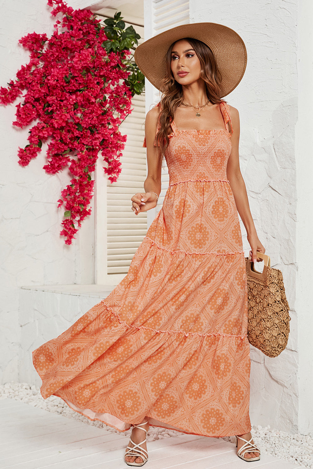Vestido de Verano Cuello Cuadrado Caqui
