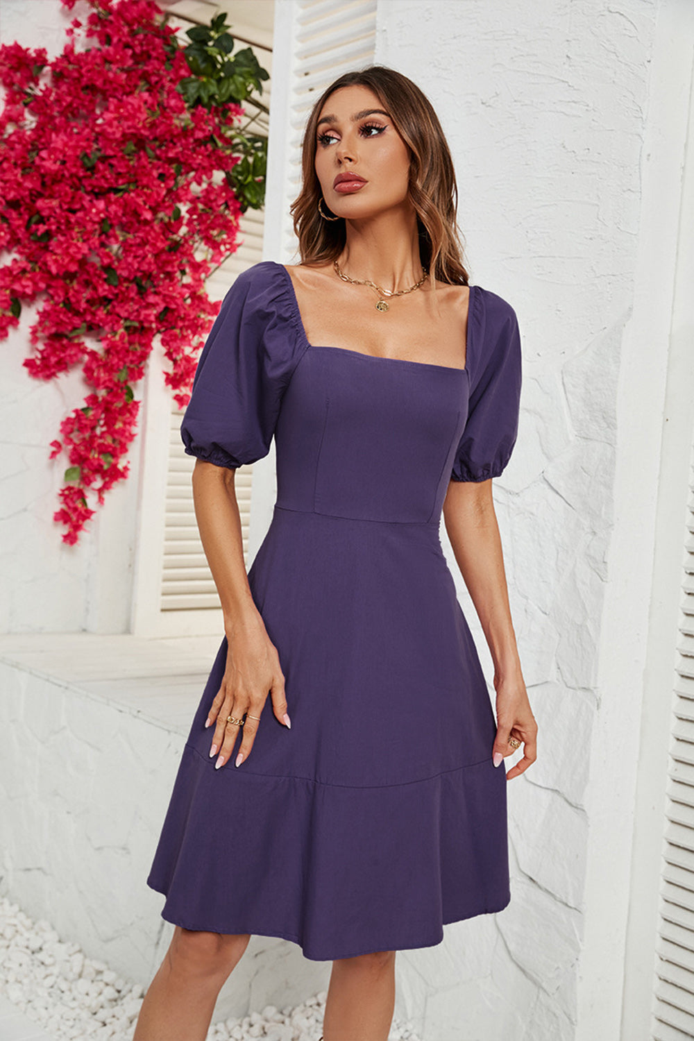 Fucsia Fuera del Hombro A-Line Vestido de Verano