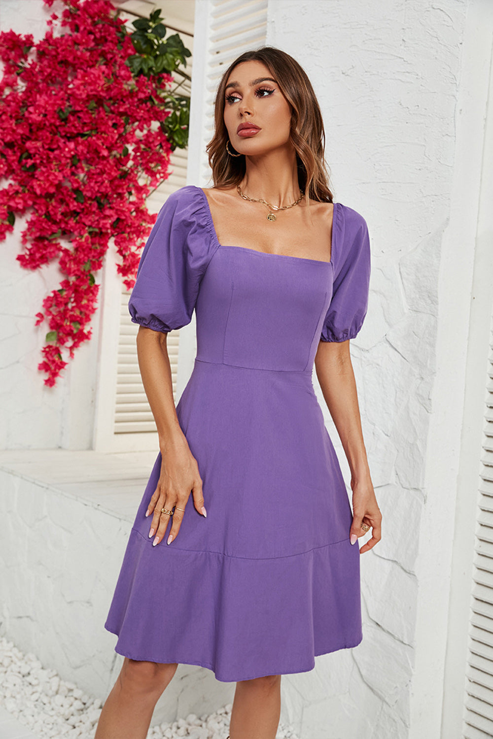 Fucsia Fuera del Hombro A-Line Vestido de Verano