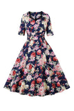 Vestido azul marino estampado floral swing 1950s con mangas cortas
