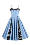 Azul claro Lunares Correas de espagueti Vestido de la década de 1950