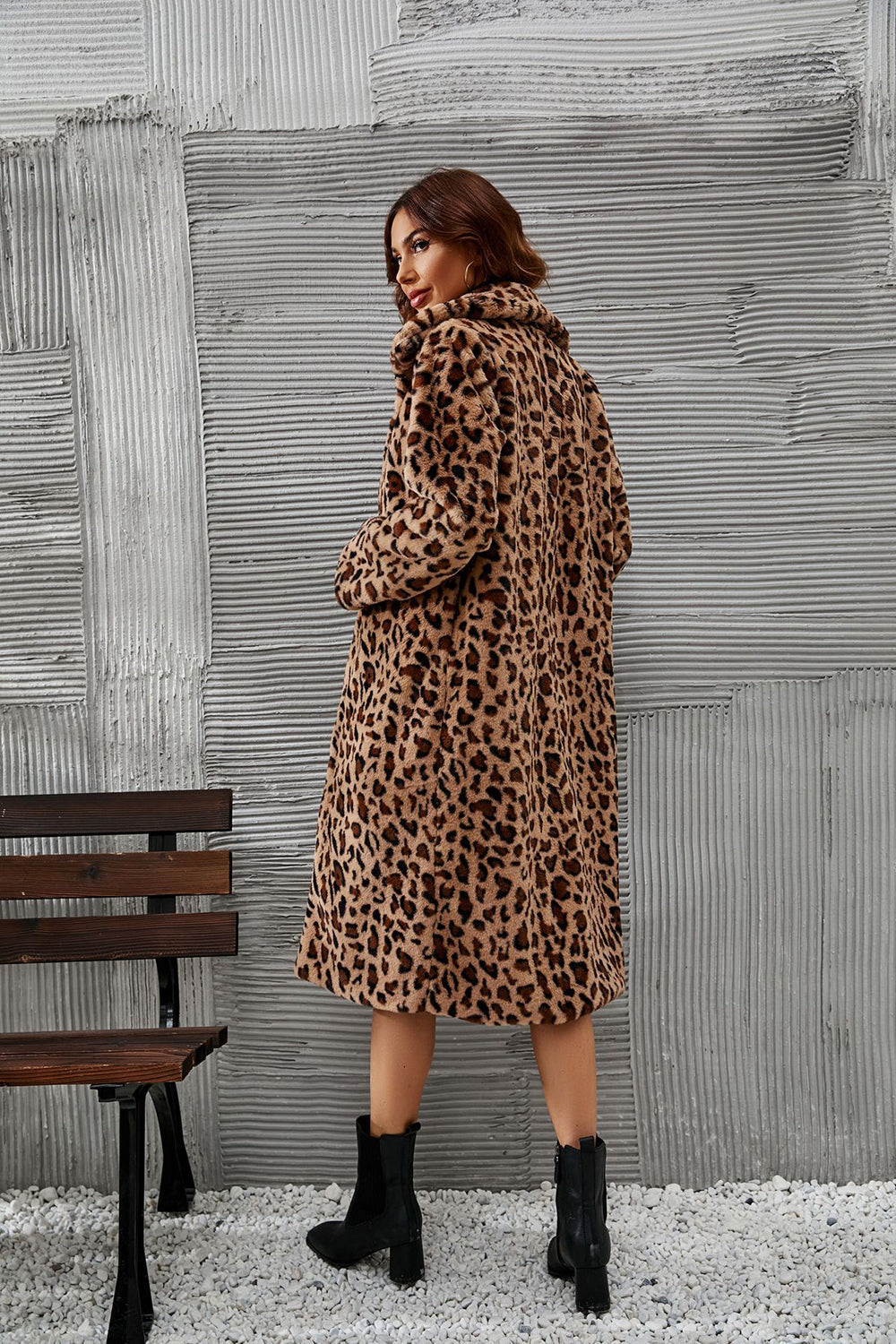 Leopardo marrón estampado piel sintética largo abrigo de mujer