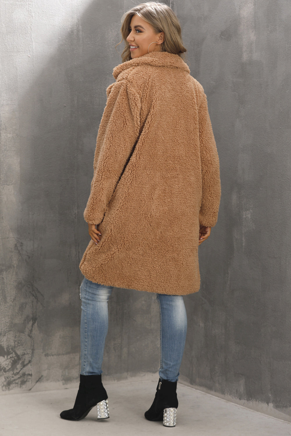 Camel Nottched Lapel Long Faux Fur Women Coat