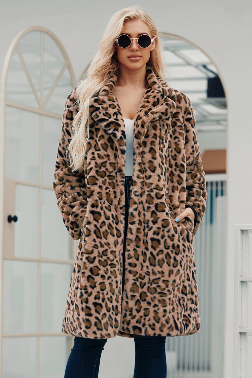 Brown Nottched Lapel Leopard estampado Long Women Faux Fur Coat