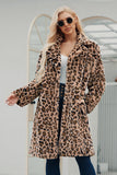 Brown Nottched Lapel Leopard estampado Long Women Faux Fur Coat
