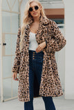 Brown Nottched Lapel Leopard estampado Long Women Faux Fur Coat