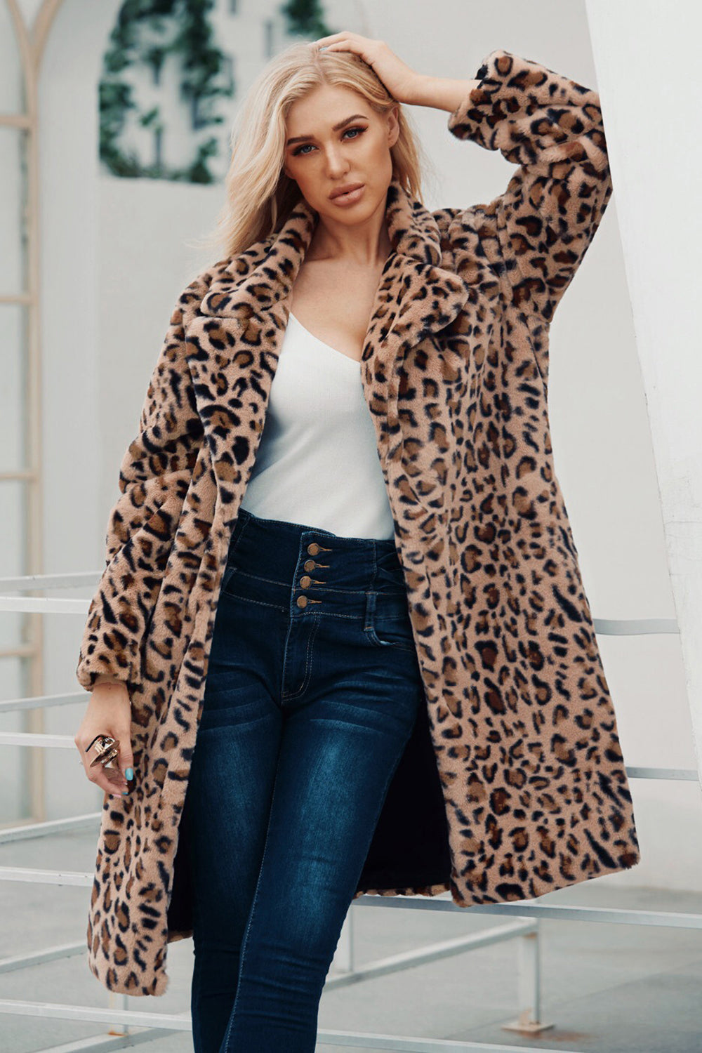 Brown Nottched Lapel Leopard estampado Long Women Faux Fur Coat