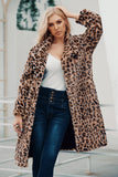 Brown Nottched Lapel Leopard estampado Long Women Faux Fur Coat