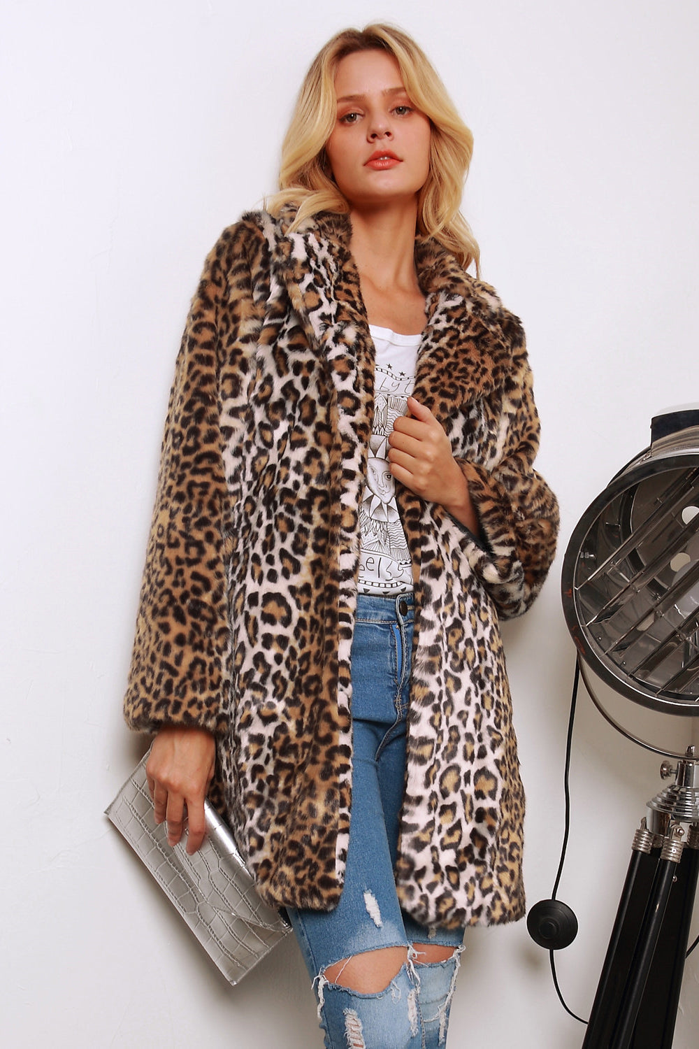 Leopardo marrón estampado solapa con muescas largo piel sintética mujer abrigo