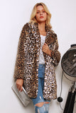 Leopardo marrón estampado solapa con muescas largo piel sintética mujer abrigo