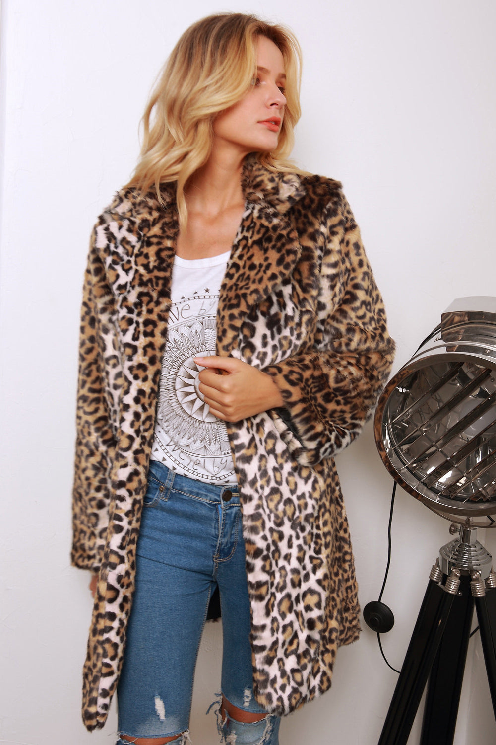 Leopardo marrón estampado solapa con muescas largo piel sintética mujer abrigo