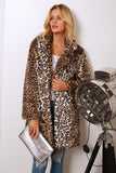 Leopardo marrón estampado solapa con muescas largo piel sintética mujer abrigo