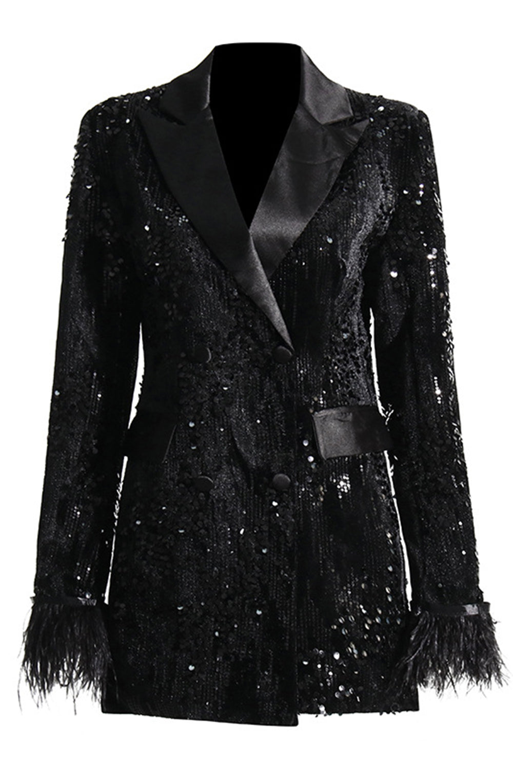 Sparkly Black Peak Lapel Selentejuelas Mujer Blazer con Plumas