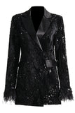 Sparkly Black Peak Lapel Selentejuelas Mujer Blazer con Plumas